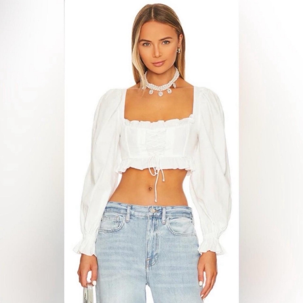For Love & Lemons Heather Puff Sleeve Corset Crop Top White S $159